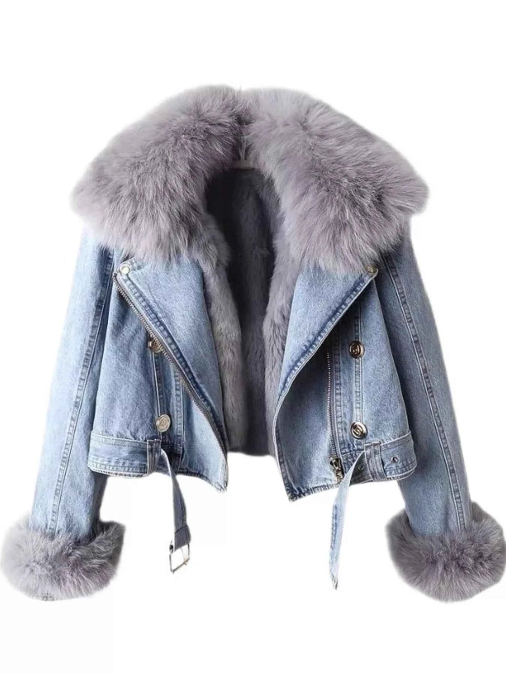Faux Fur Collar Denim Jacket Extended Sizes