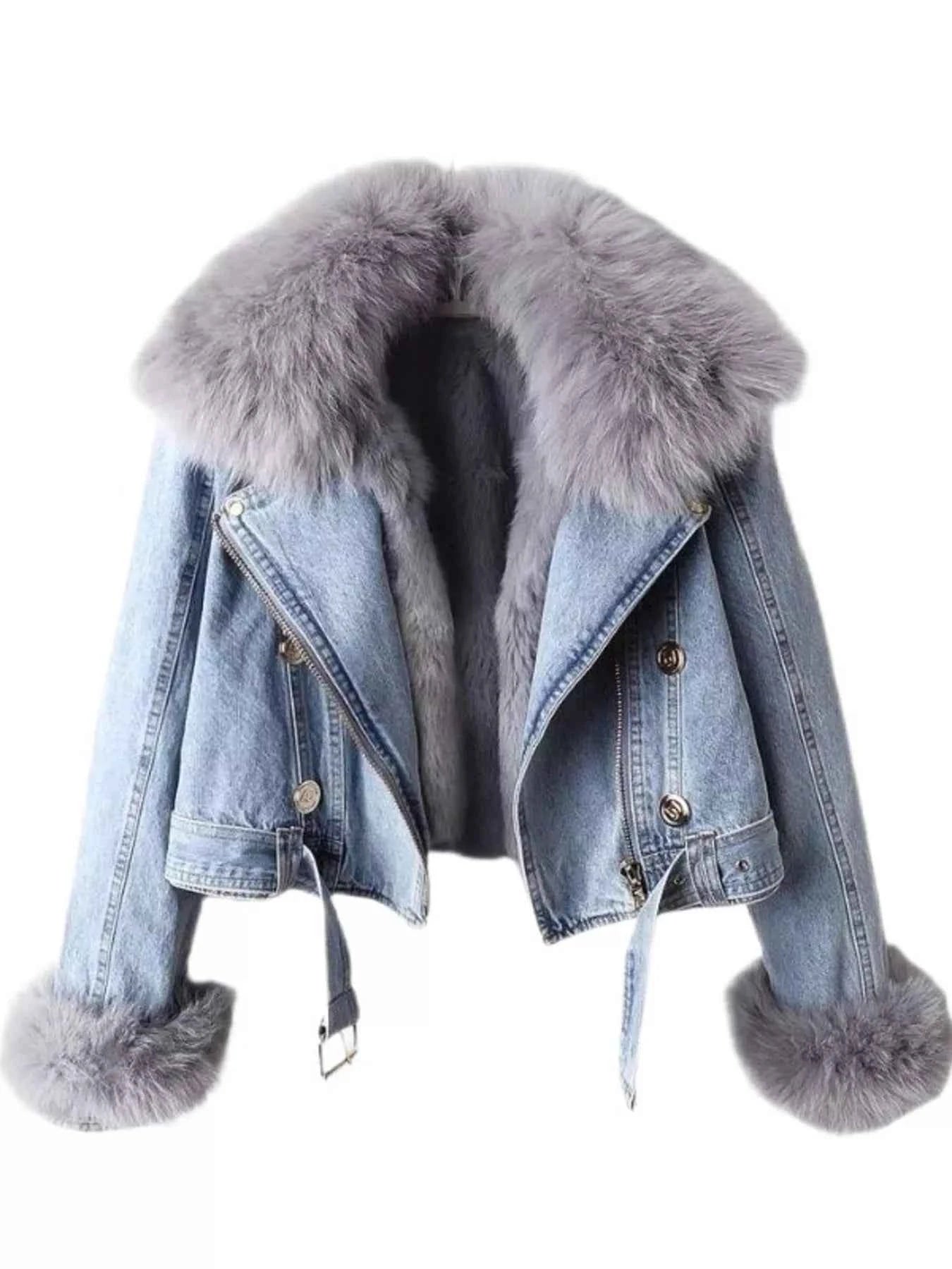 Faux Fur Collar Denim Jacket Extended Sizes