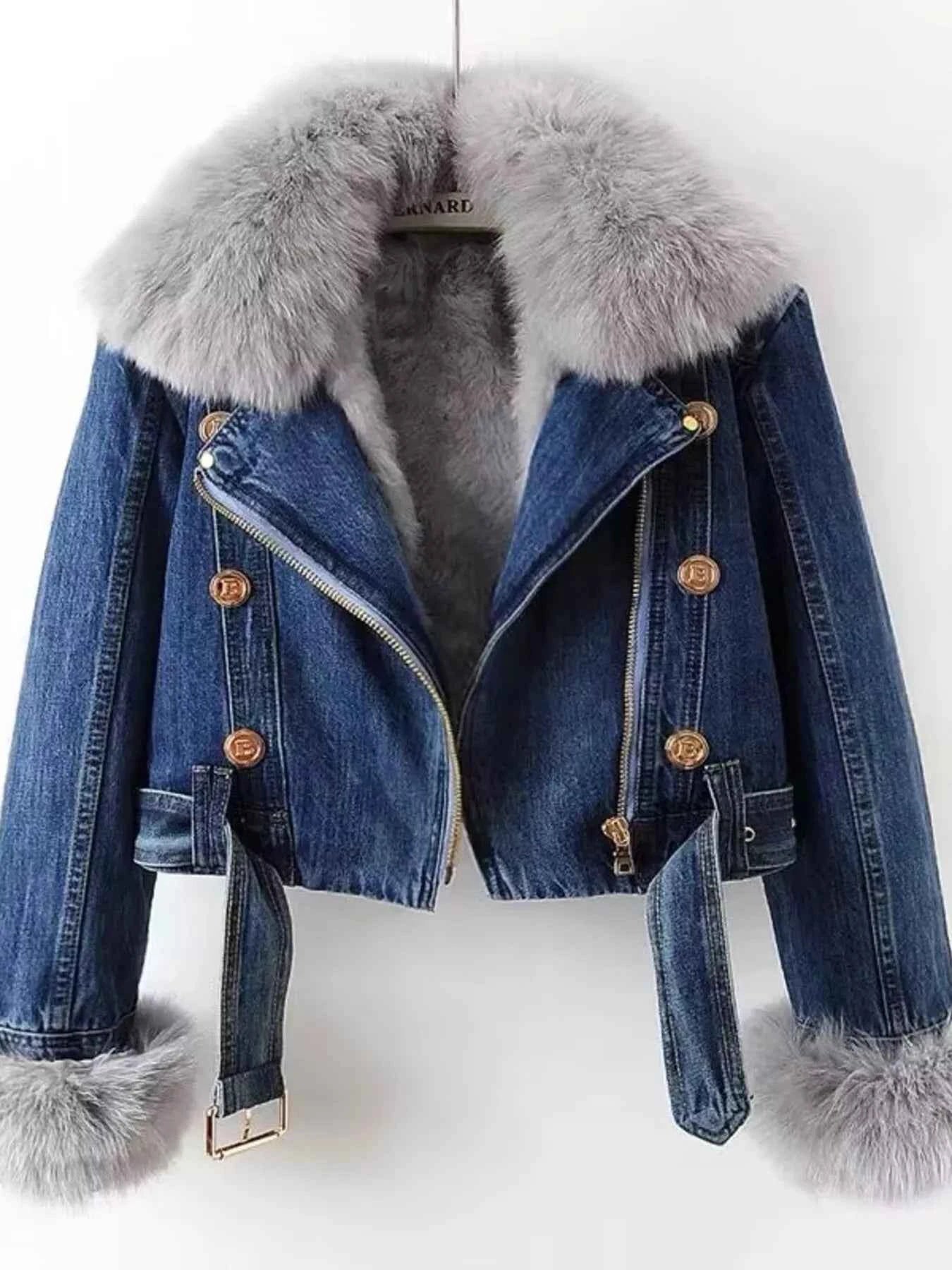 Faux Fur Collar Denim Jacket Extended Sizes