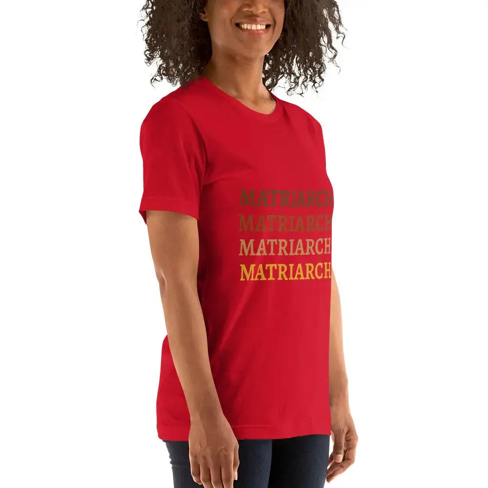 Red t-shirt featuring the word Matriarch printed on the front