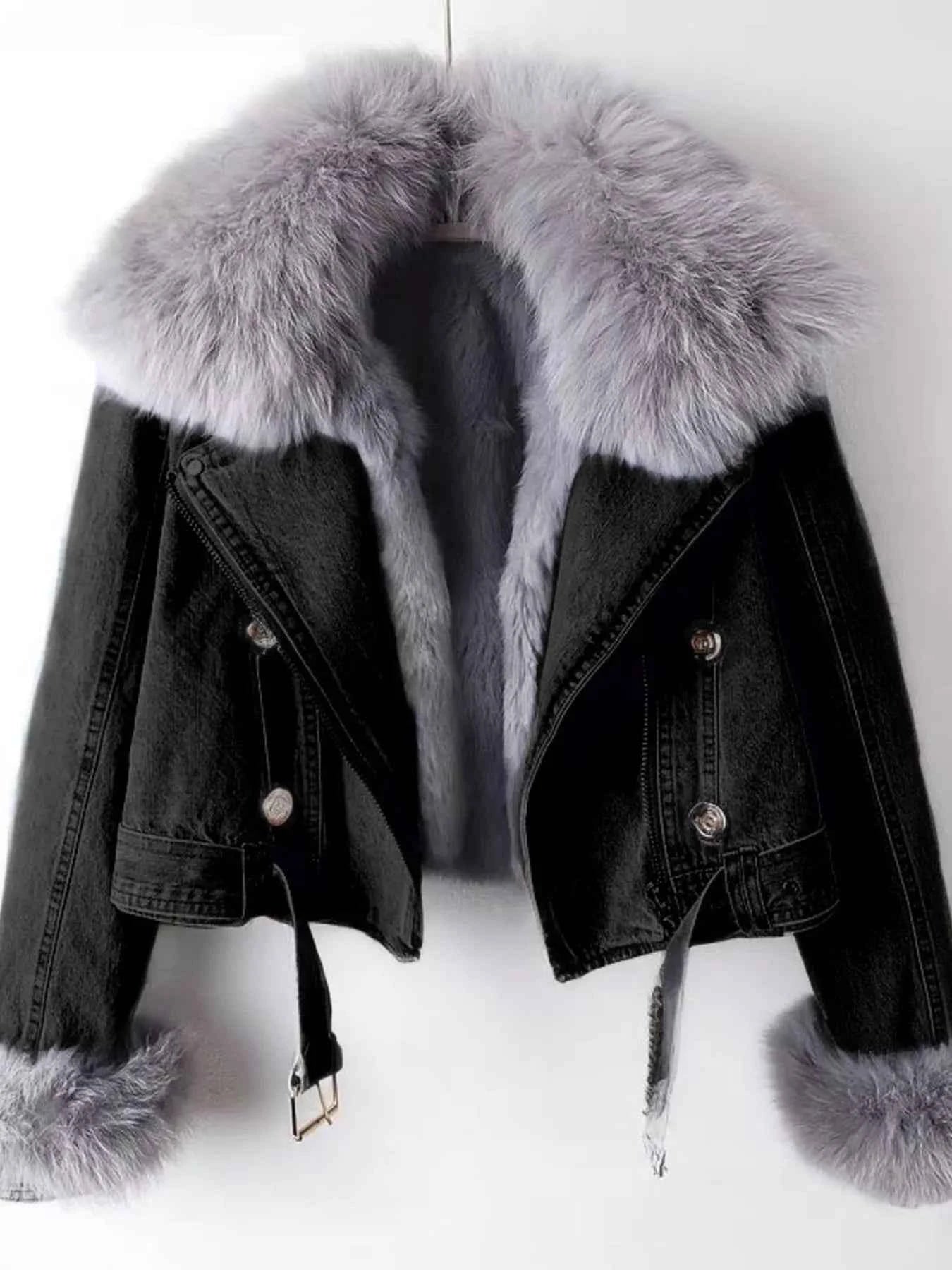 Faux Fur Collar Denim Jacket Extended Sizes